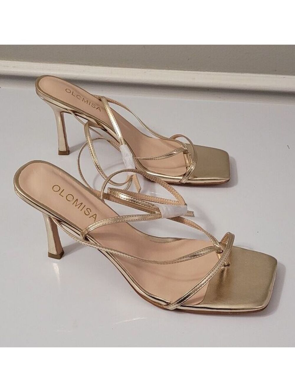 OLOMISA Gold Strappy Square Toe High Heels Stiletto Sandals Women Shoes Size 11